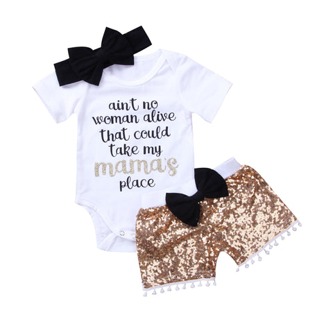 New Fashion Newborn Baby Girl Boy Clothes Set Sequins 3pcs Outfits Romper